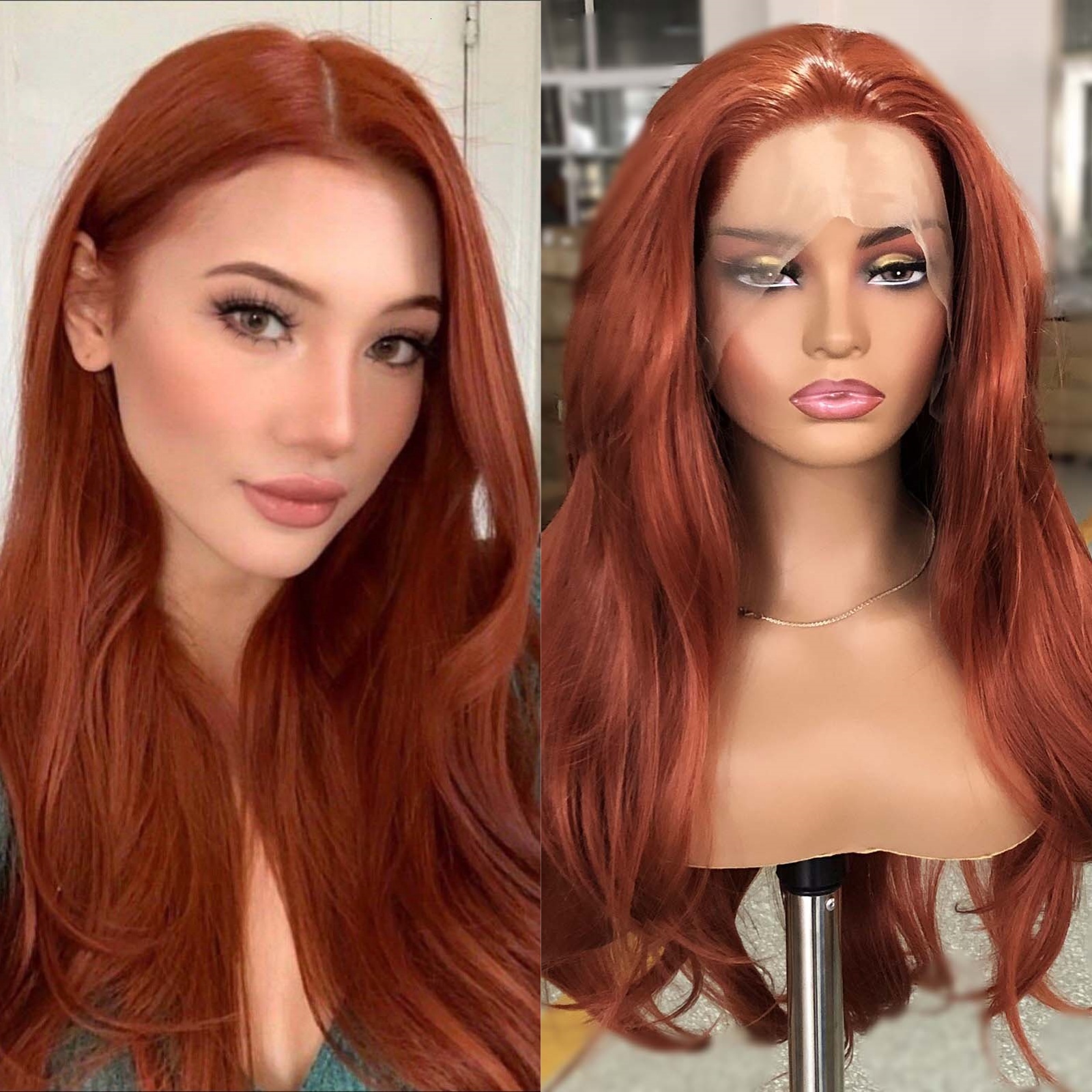 Reddish Natural Wavy Synthetic Front Wig Ginger Brown Copper Red Colored Hair Lace Frontal Wigs for Women Party