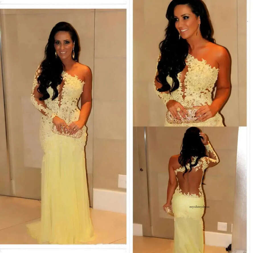 Oscar Yellow Mermaid Lace Sleeve Prom Sheer Chiffon Evening Gowns Long Celebrity Red Carpet Dresses One Shoulder Necke 0509