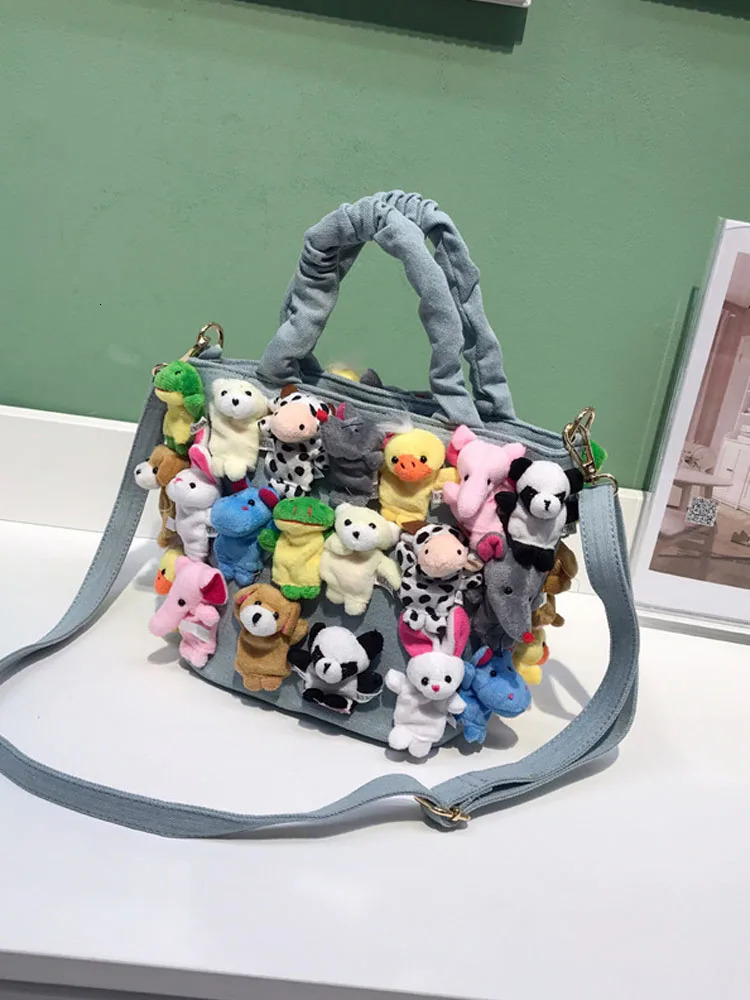 Women Kawaii Bucket Fashion Crossbody Bags Cartoon Decoration Denim Handbags Casual Ladies Single Shoulder 241021
