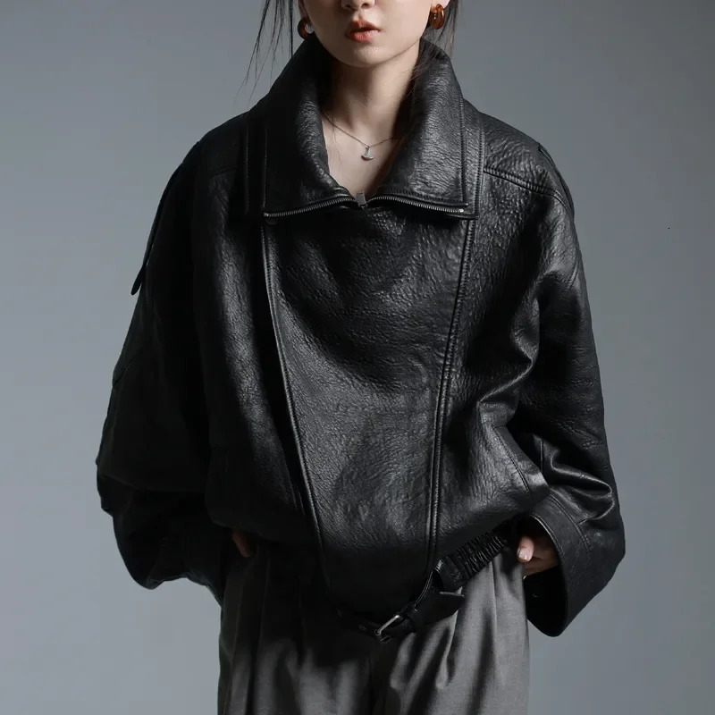 Womens Y2k Jacket Autumn Fashion Street Loose Casual Retro Heavy Double-Layer Collar Profile Jacket Leather Coat Female 241028