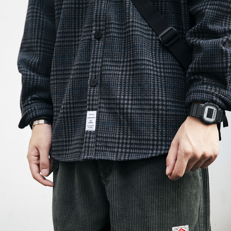 High Quality Thick Woolen Shirt Men Clothing Japanese Streetwear Lapel Long Sleeve Casual Plaid Top Haruku Coats Male