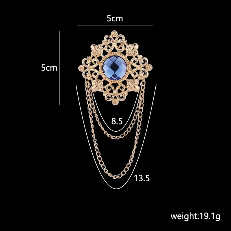 Retro Gem Brooch Mens Suit Pin Vintage Cross Tassel Lapel Pins with Chain Badge Jewelry Accessories 241028
