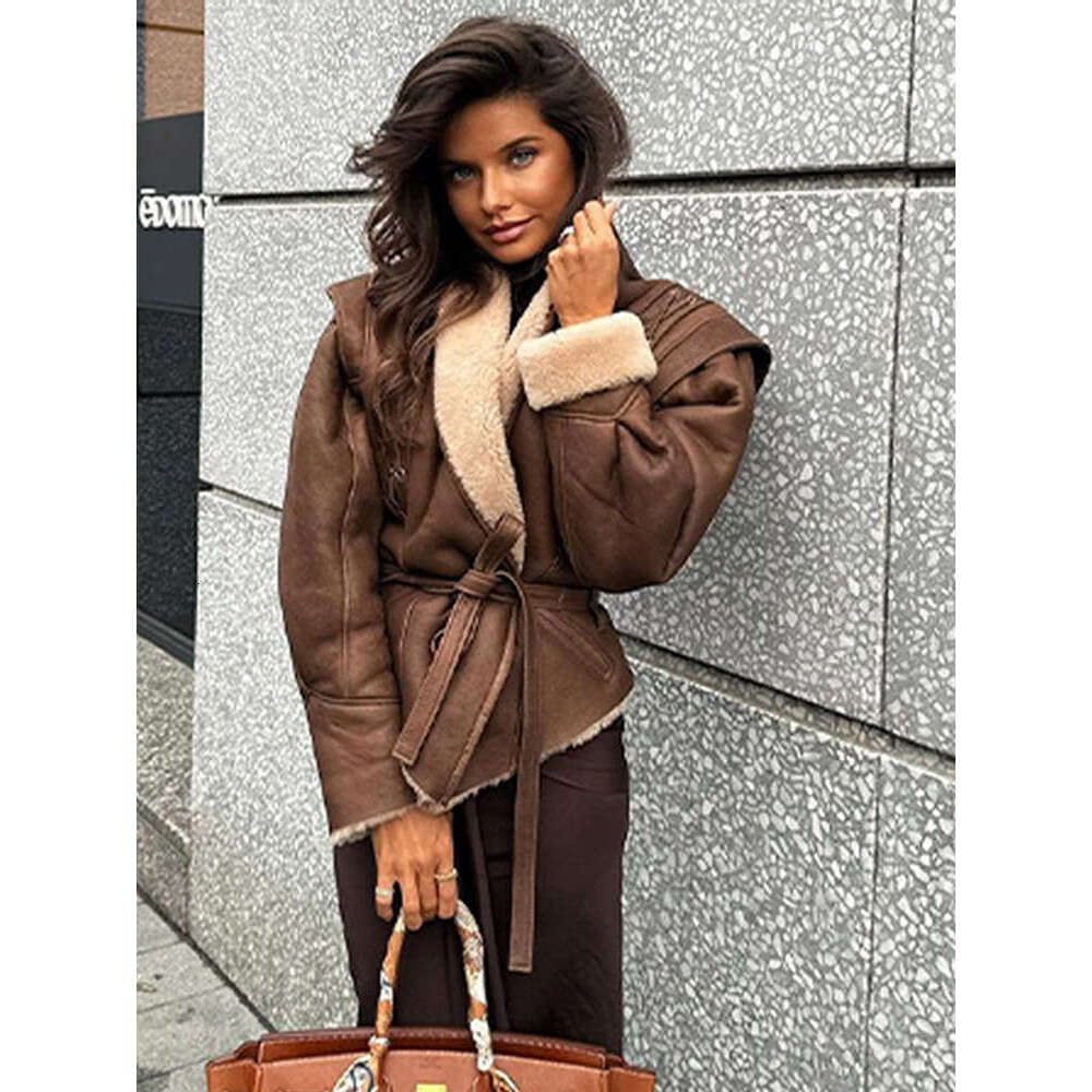 Belt Patchwork Women Jacket Warm Plush Leather Female Coat 2024 Autumn Winter Lapel Long Sleeve Motorcycle Lady Outerwear