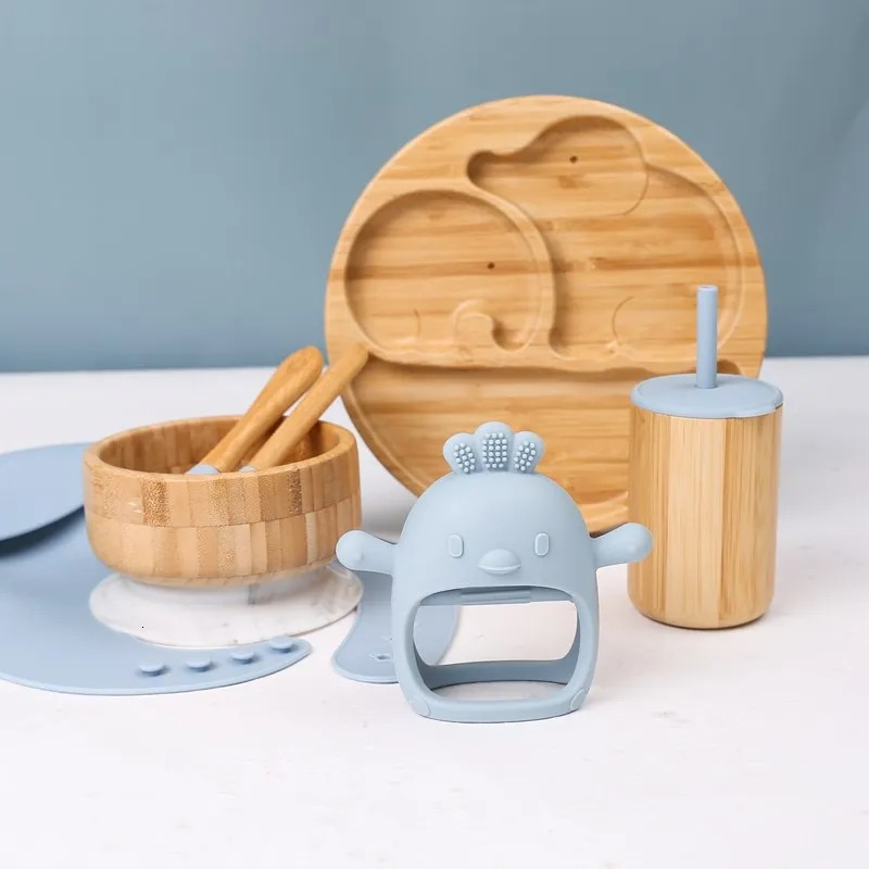 Baby Tableware Set Feeding Bowl Dinner Plate Cup Bibs Spoon Fork Bamboo Wooden Childrens Feeding Dishes Sets BPA Free Non-Slip 241028
