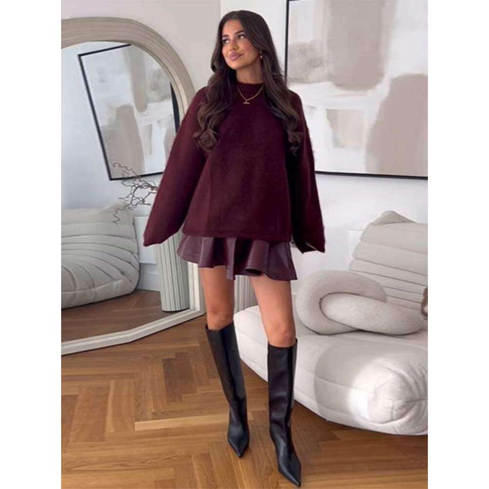 Fashion Ancora Red Mohair Cashmere Pullover For Women Elegant Long Sleeve Loose Knitted Jumpers 2024 Lady Chic Streetwear New