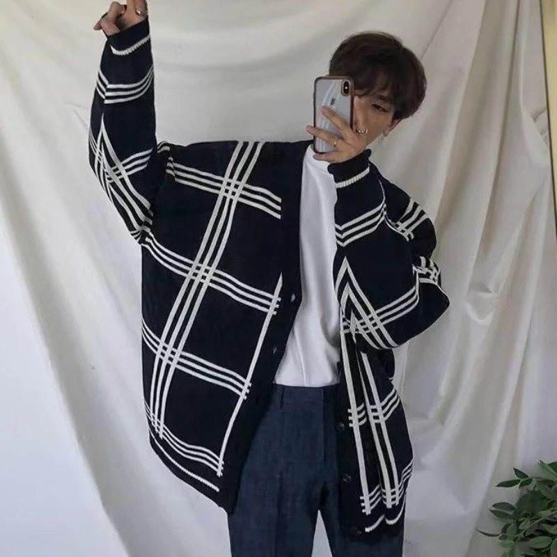 Mens Clothing Cardigan Plaid Knit Sweater Male V Neck Long No Hoodie Wool Casual Sale Selling Products 2024 Classic Street 241024