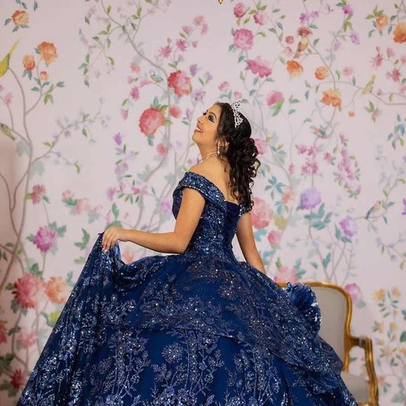Navy Blue Shiny Quinceanera Dresses Beaded Sequined Applique Lace Tull Sweet 16 Dress Ball Gown Lace Up vestidos de 15 anos