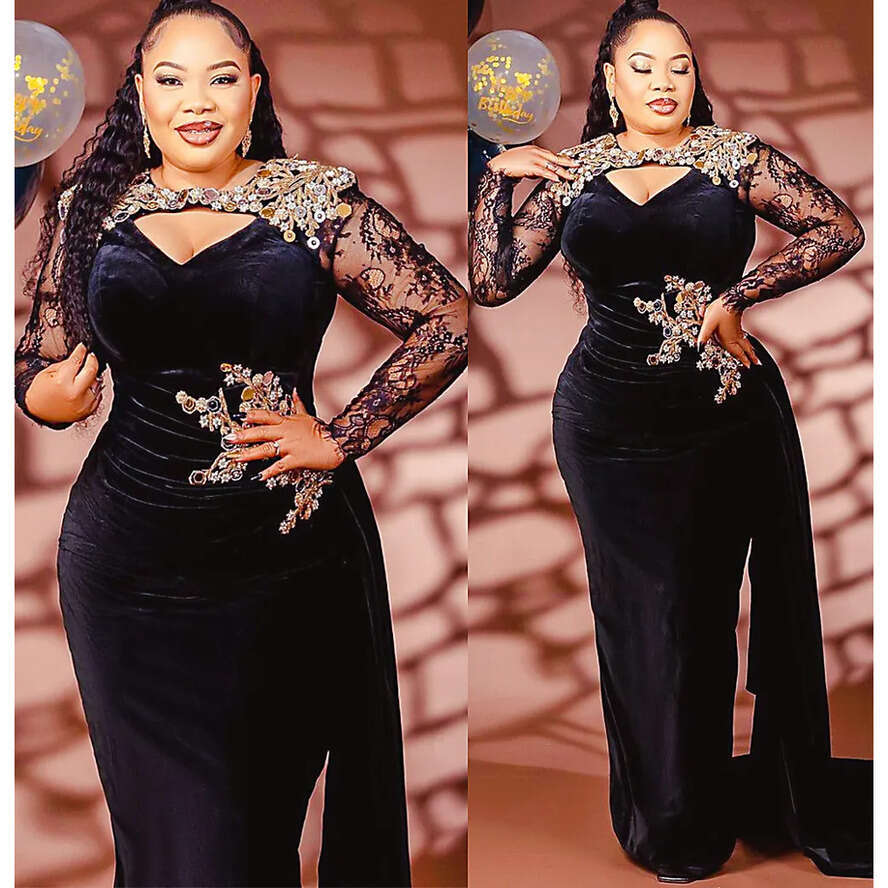 Arabic Sheath Ebi Aso Black Prom Dress Lace Beaded Veet Evening Formal Party Second Reception Birthday Engagement Gowns Dresses Robe De Soiree Es 0914