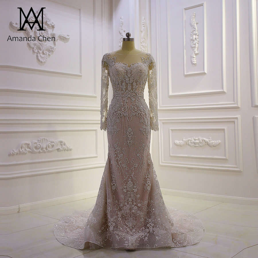 abito da sposa Long Sleeve Lace Applique Beaded Champagne mermaid Wedding Dress