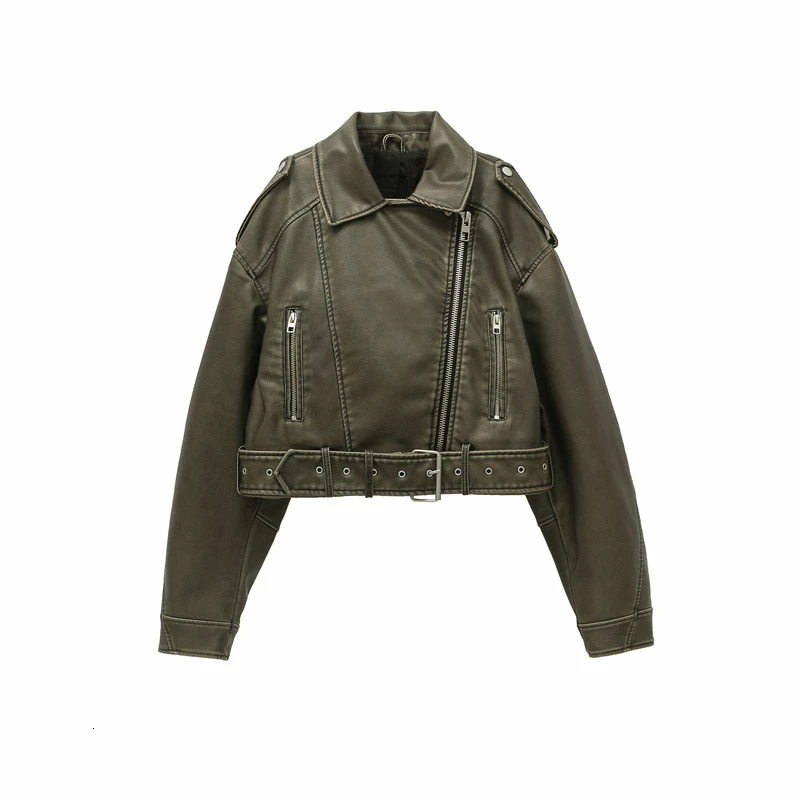 ZVRI 2024 Women Vintage Loose Pu Faux Leather Short Jacket with Belt Streetwear Female Zipper Retro Moto Biker Coat Outwear Tops 241024