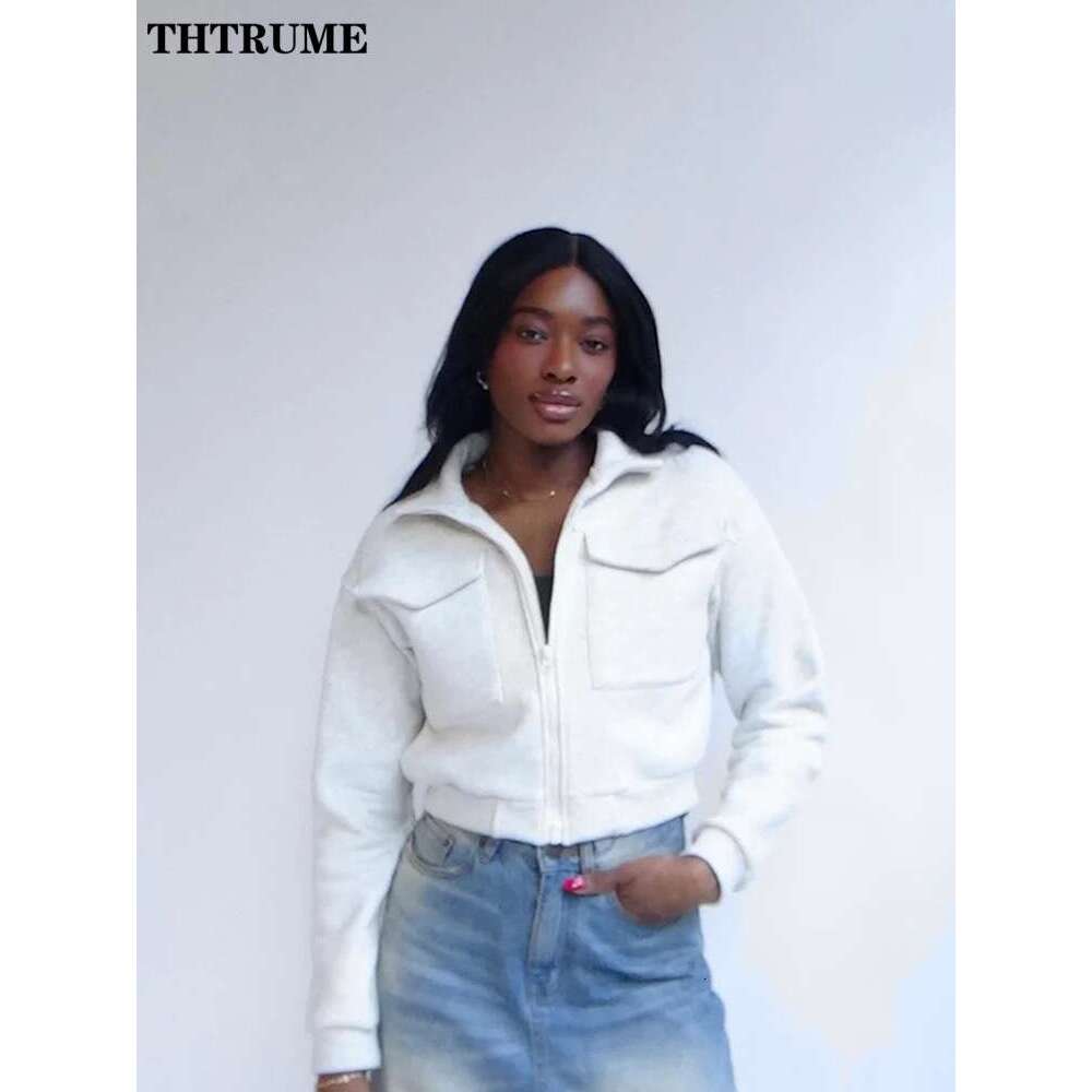 Elegant Solid Pocket Jackets For Women Fashion Autumn Long Sleeve Zipper Lapel 2024 New Coats Casual Streetwear Vintage Outwear