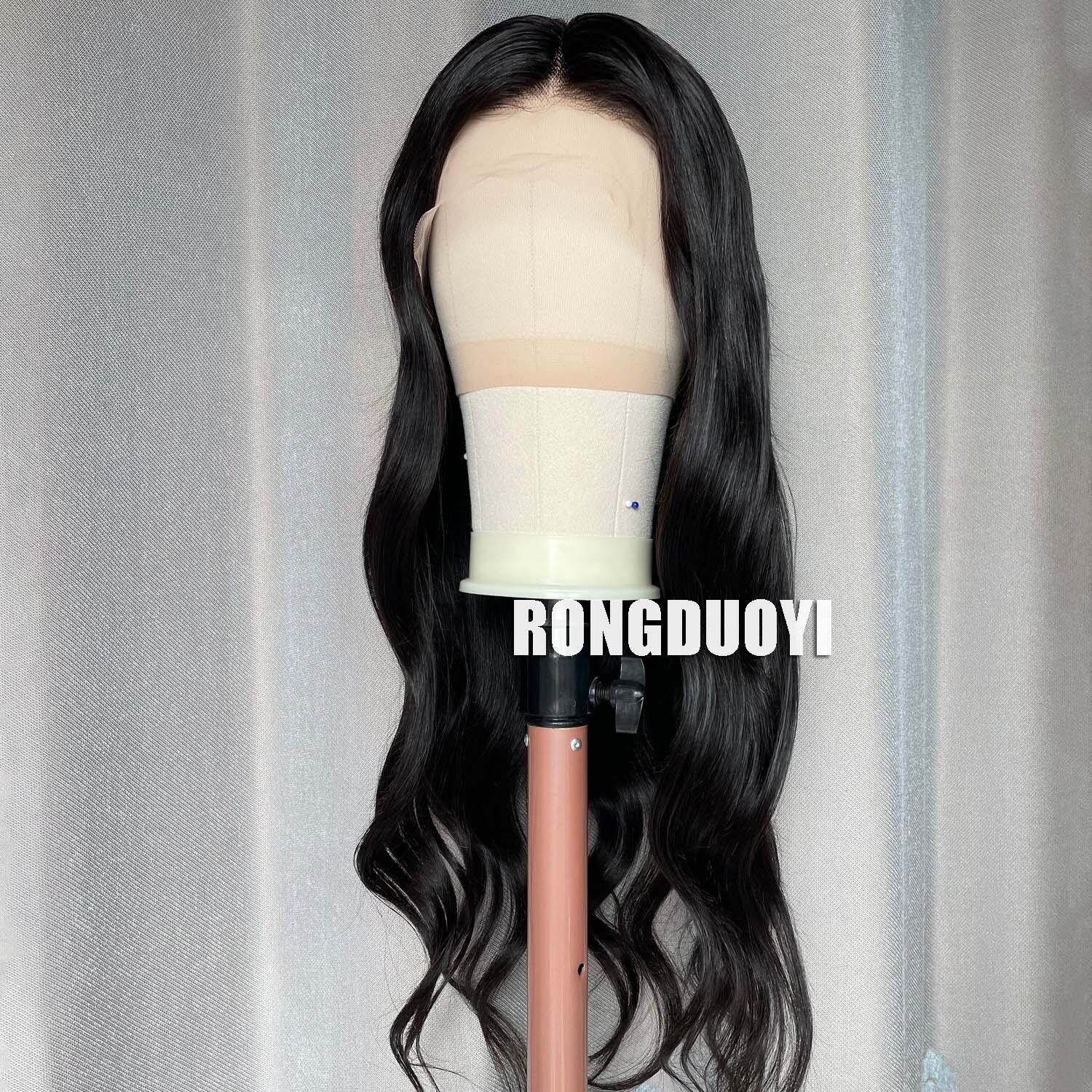 Black Long Natural Wavy Synthetic Front Wig Glueless Curly Body Wave Brunette Hair Lace Frontal Wigs for Women Party