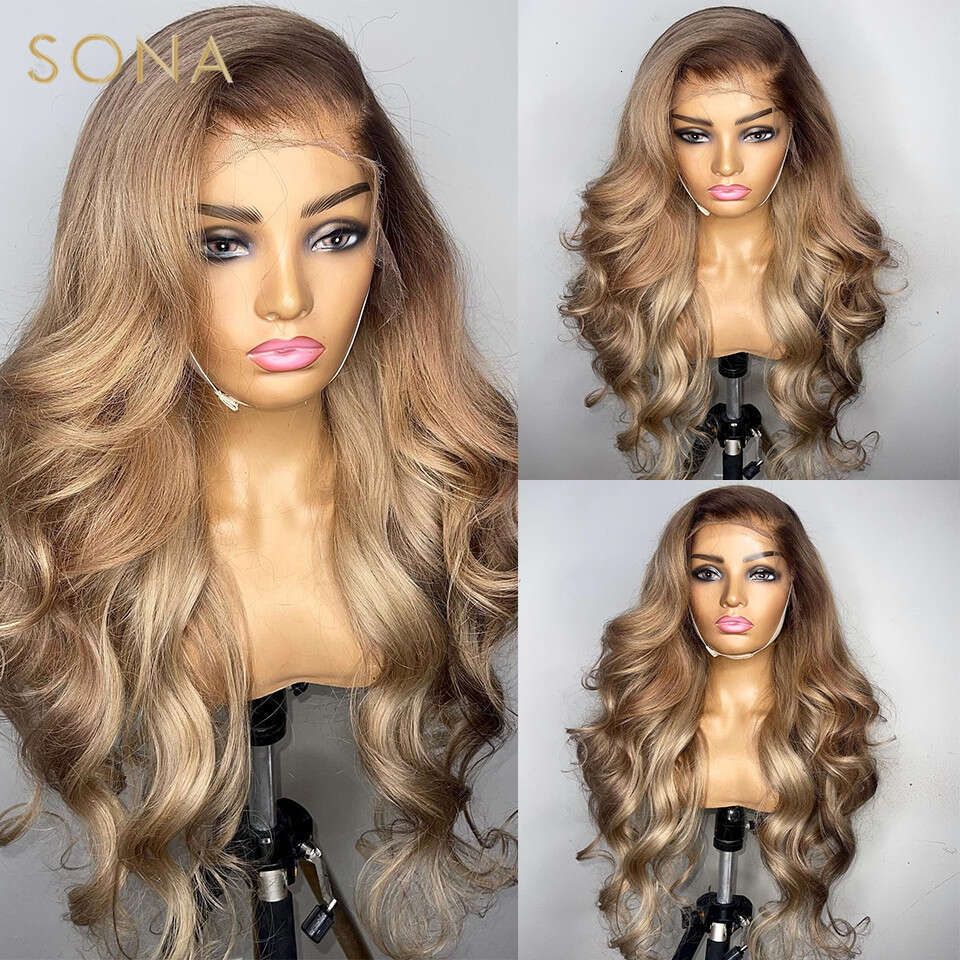 x HD Transparent Lace Frontal Wig Pre Plucked Ombre Honey Blonde Front Wigs Colored Human Hair with Brown Root