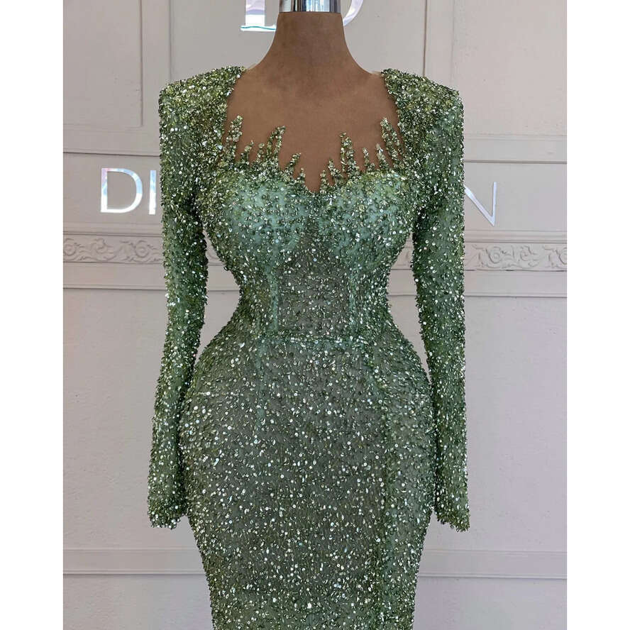 Sexy Green Mermaid Evening Sequins Crystal Long Sleeves Formal Party Prom Dress Pleats Dresses For Special Ocn 0515