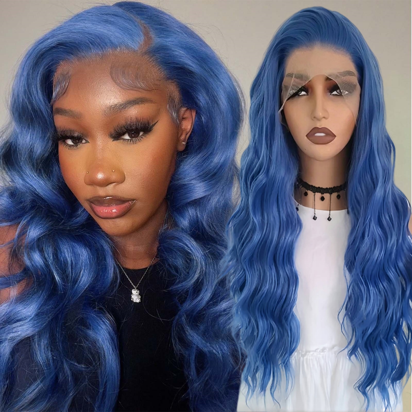 Dark Blue Deep Wave Synthetic Hair Long Curly Front Wig Natural Wavy Colored 13X4 Lace Frontal Wigs for Women Party