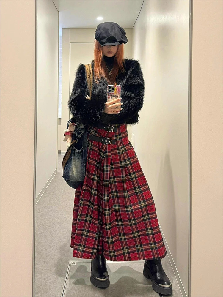 Womens Retro Midi Plaid Skirt Slit Gyaru Coquette 2000s Preparatory Sexy Grunge Cyber Punk Y2k Japanese Street Clothing Fashion 241028