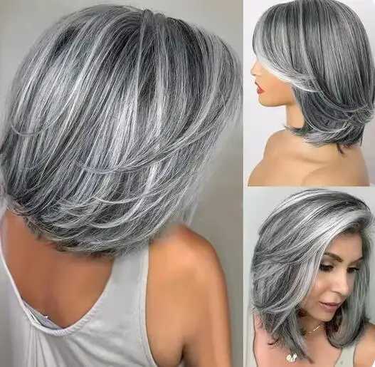 Silver wig grey Umbre womens wig with curtain bangs synthetic highlights grey bob short hair silver multi-layer wig M241028
