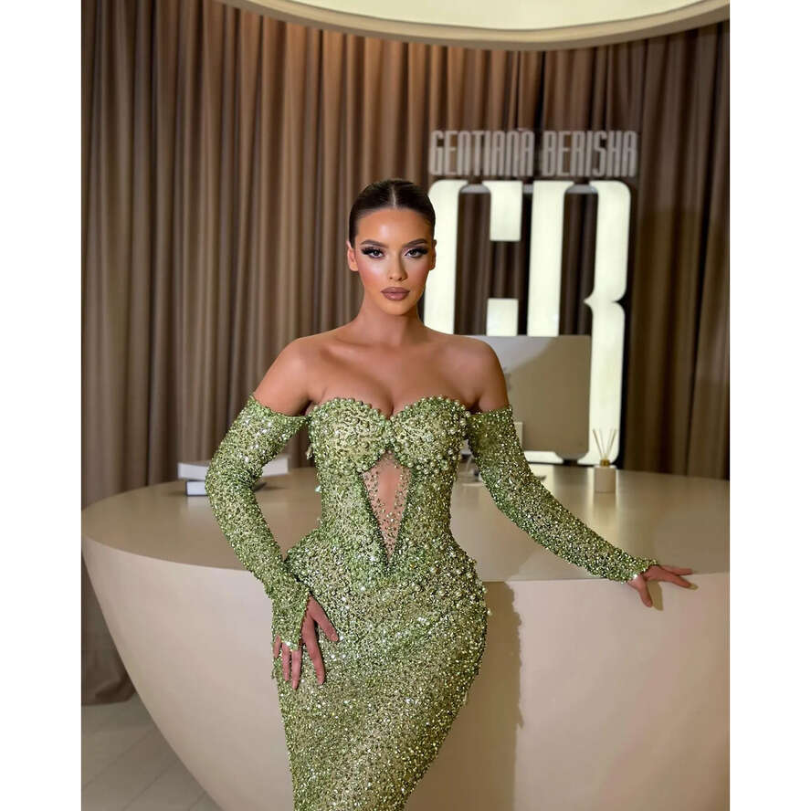 Green Sequins Mermaid Evening Dresses Off Shoulder Keyhole Neck Pearls Party Prom Formal Long Red Carpet Dress For Special Ocn 0515