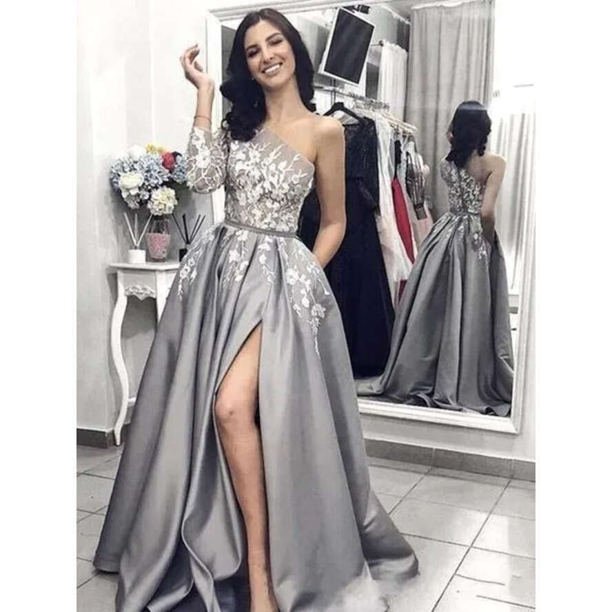 Elegant Sier One Shoulder Long Sleeve Prom Dresses Ral Appliques Front Split A E Evening Party Gowns