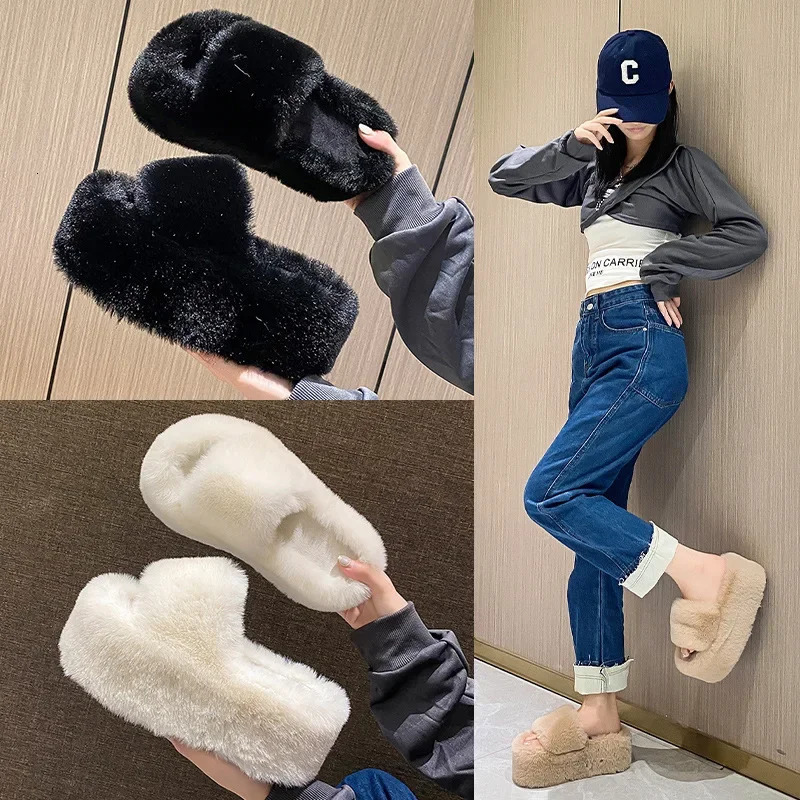 Home Furry Fur Slides Plush Slippers Fluffy Flip Flops Slip on Platform Women Fashion Shoe 2024 Zapato De Mujer 241025