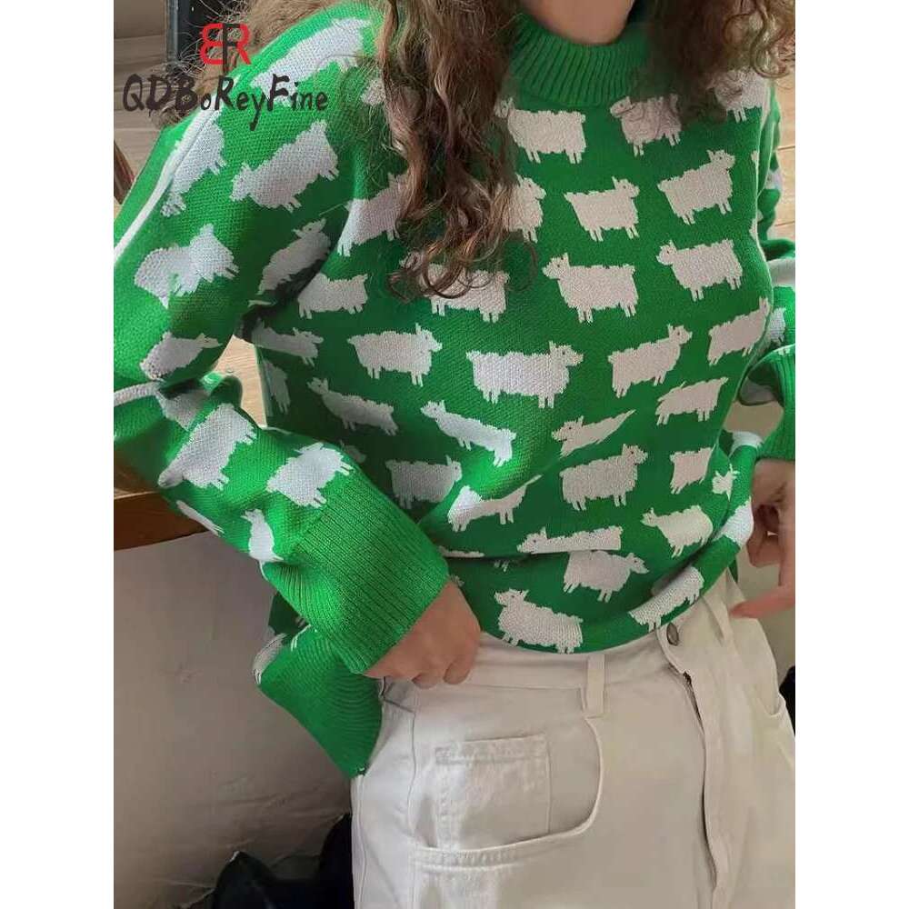 Women's Oversize Sweater Winter Autumn Animal Printed O-Neck Casual Jumpers Knitted Long Sleeve Tops Loose Office Pullovers 2024