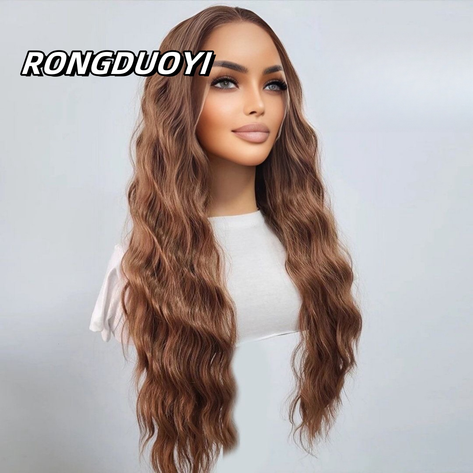 Deep Wave Synthetic Front Wig Glueless Brunette Long Curly Light Brown Colored Hair Lace Frontal Wigs for Women