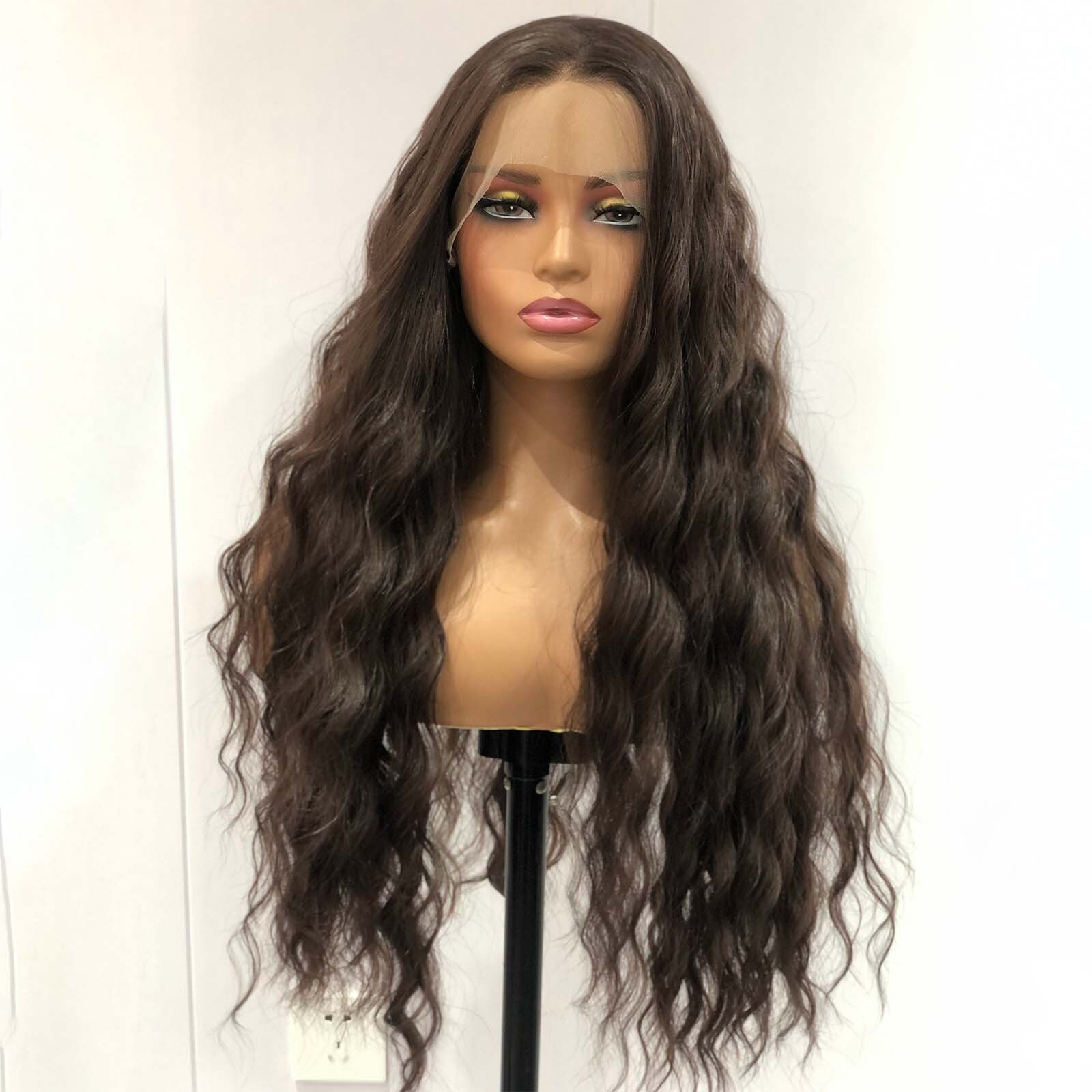 Dark Brown Long Curly Wavy Synthetic Lace Front Wig Loose Deep Natural Brunette Colored Hair 13X4 Frontal Wigs for Women