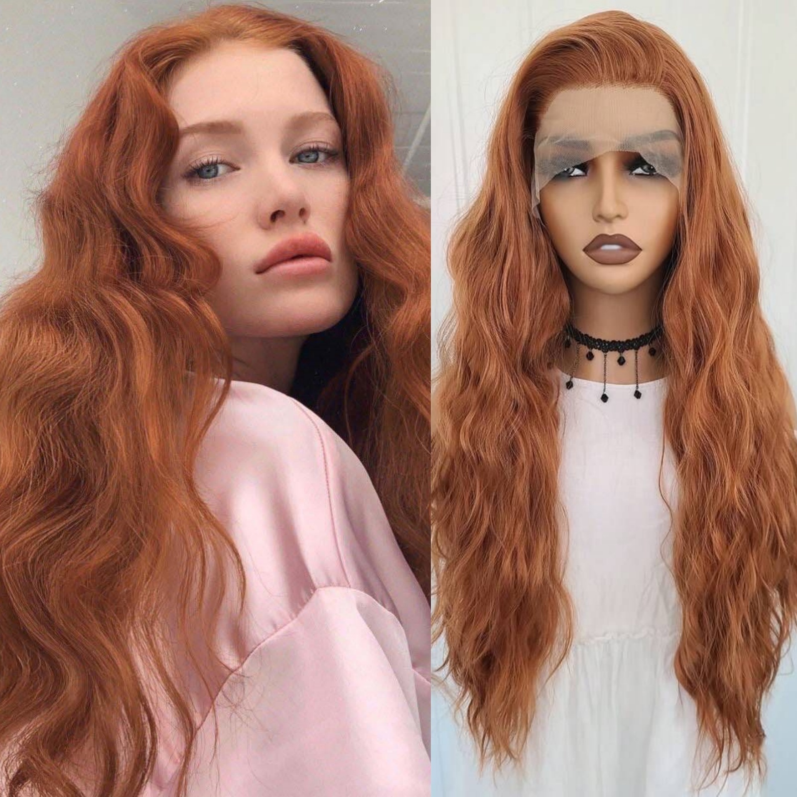 13X4 Ginger Orange Long Curly Synthetic Front Natural Wavy Auburn Brown Colored Hair Lace Frontal Wig for Women Party