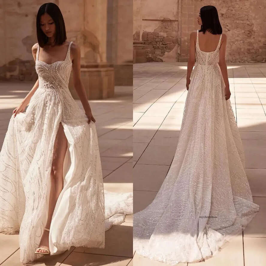 Milla Nova A E Dress Straps Pearls Country Boho Wedding Dresses Beading Backless Ruffle Vestidos De Novia Split Designer Bridal Gowns 0515