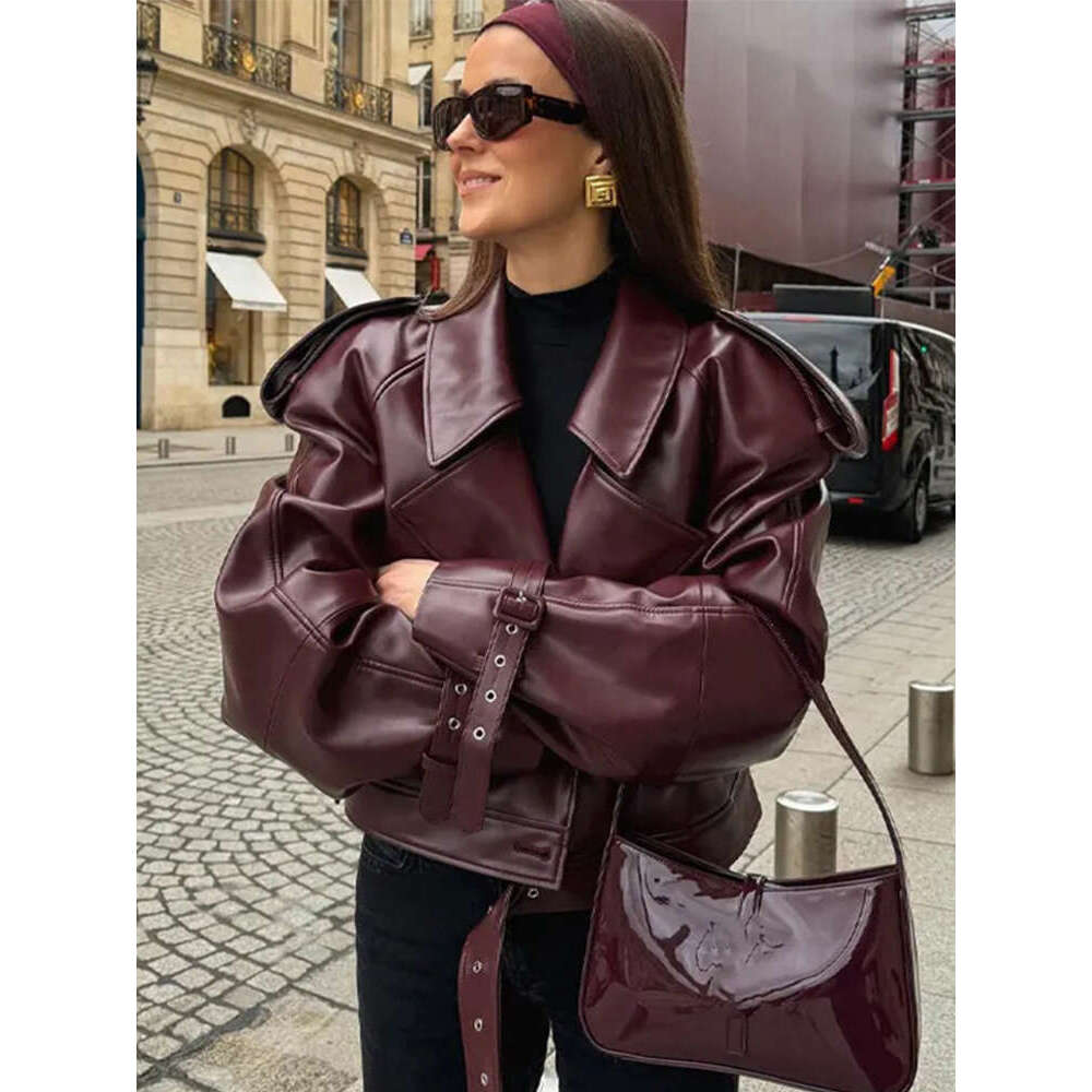 Vintage Solid PU Leather Women Jacket Long Sleeve Turn-Down Collar Female Short Coat 2024 Autumn New Locomotive Lady Outwear