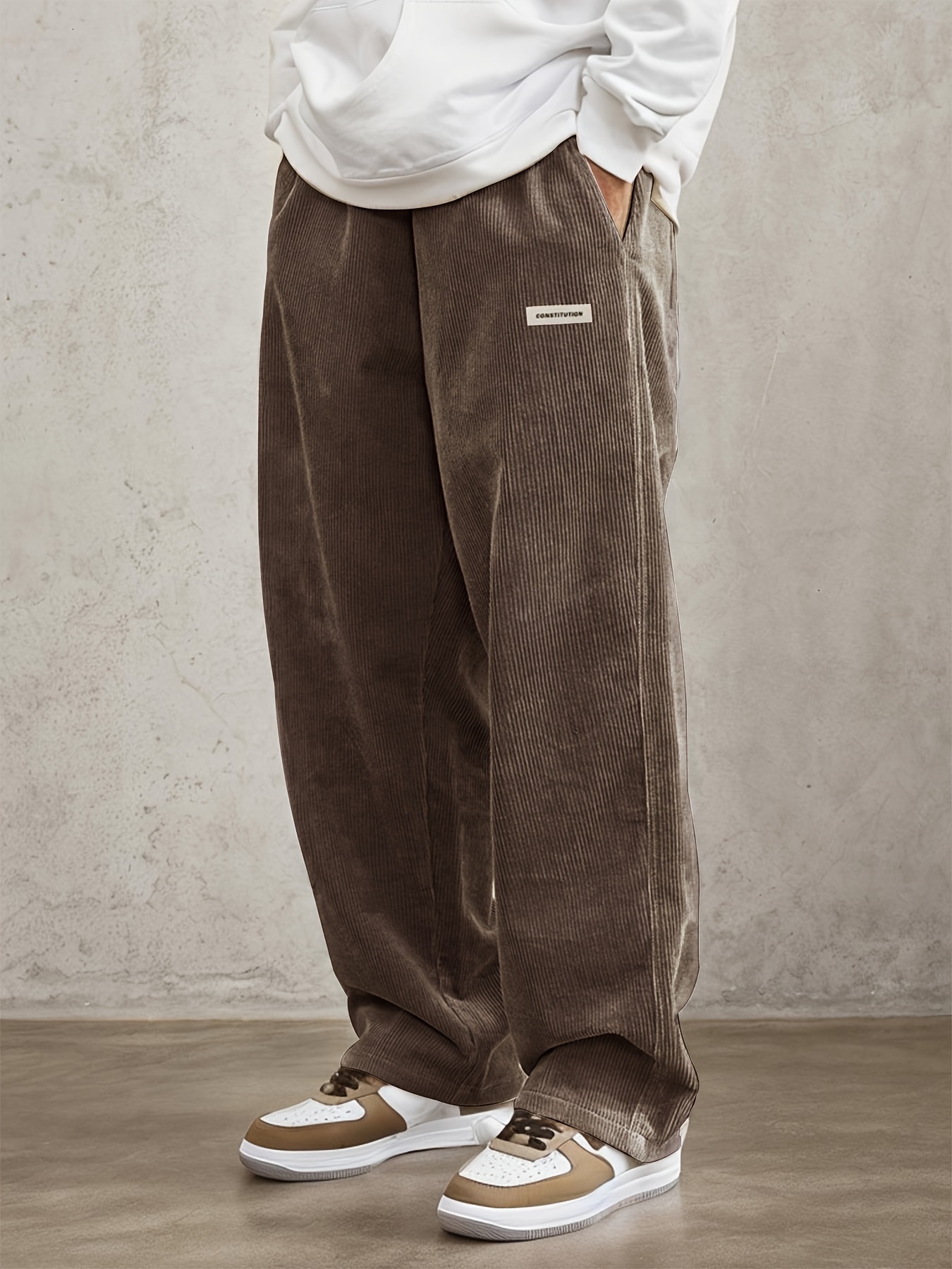 Men's retro style loose corduroy casual pants with slanted pockets - breathable straight waist sports pants, suitable for city walks and outdoor 