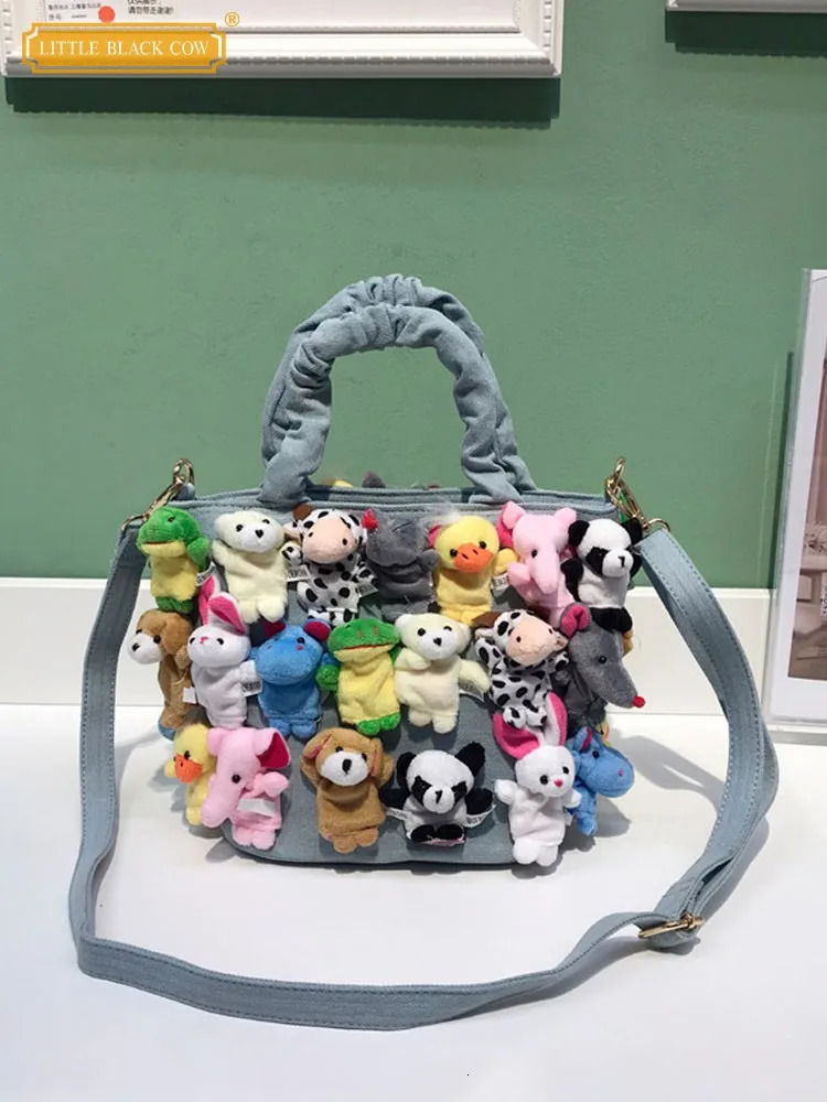 Women Kawaii Bucket Fashion Crossbody Bags Cartoon Decoration Denim Handbags Casual Ladies Single Shoulder 241021