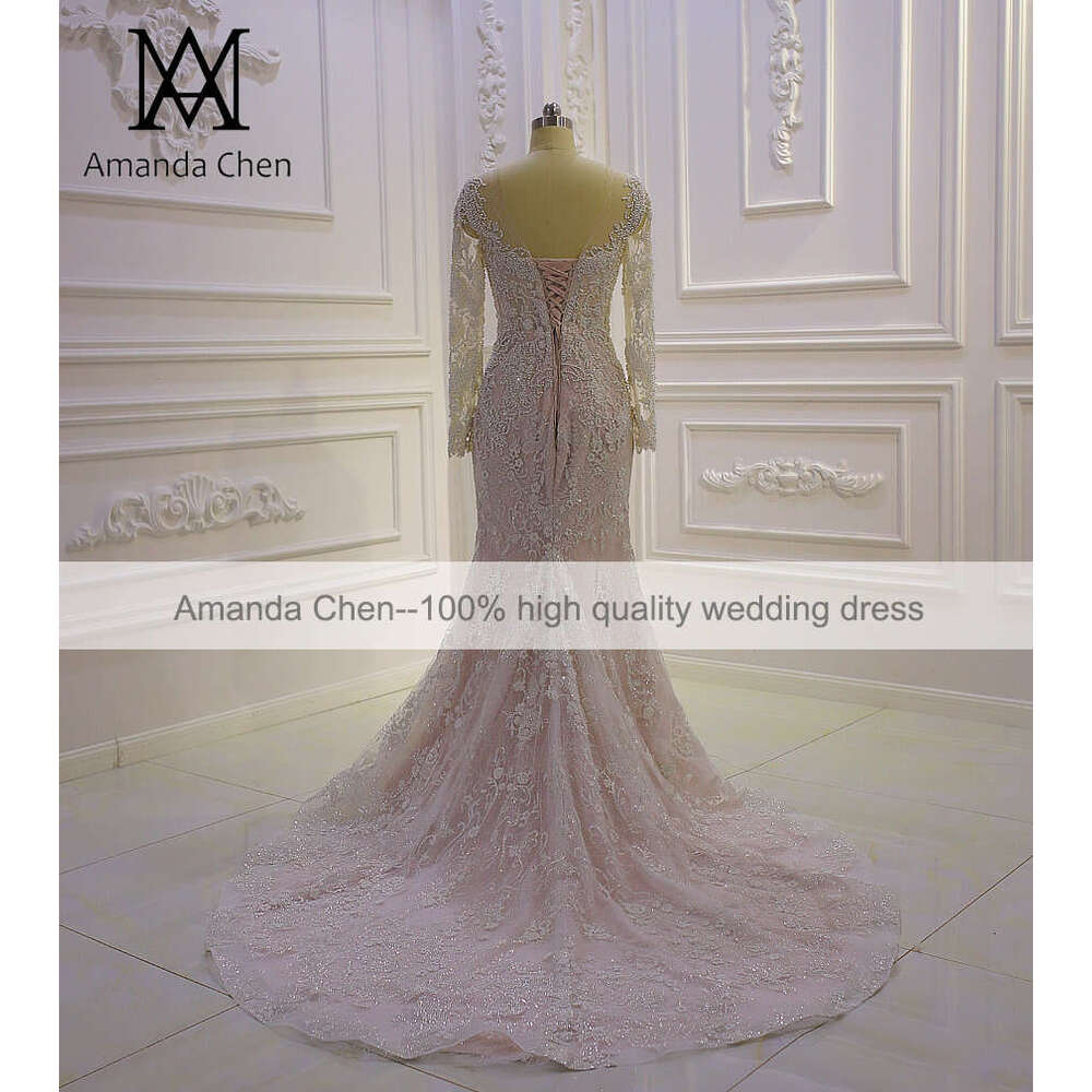 abito da sposa Long Sleeve Lace Applique Beaded Champagne mermaid Wedding Dress