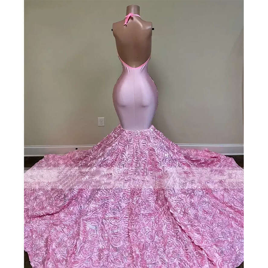 Pink Sequined Lace Prom Dresses Black Girls 2022 Sexy Halter African For Bridal Party Wear Formal Long Train Dinner Gowns Robe