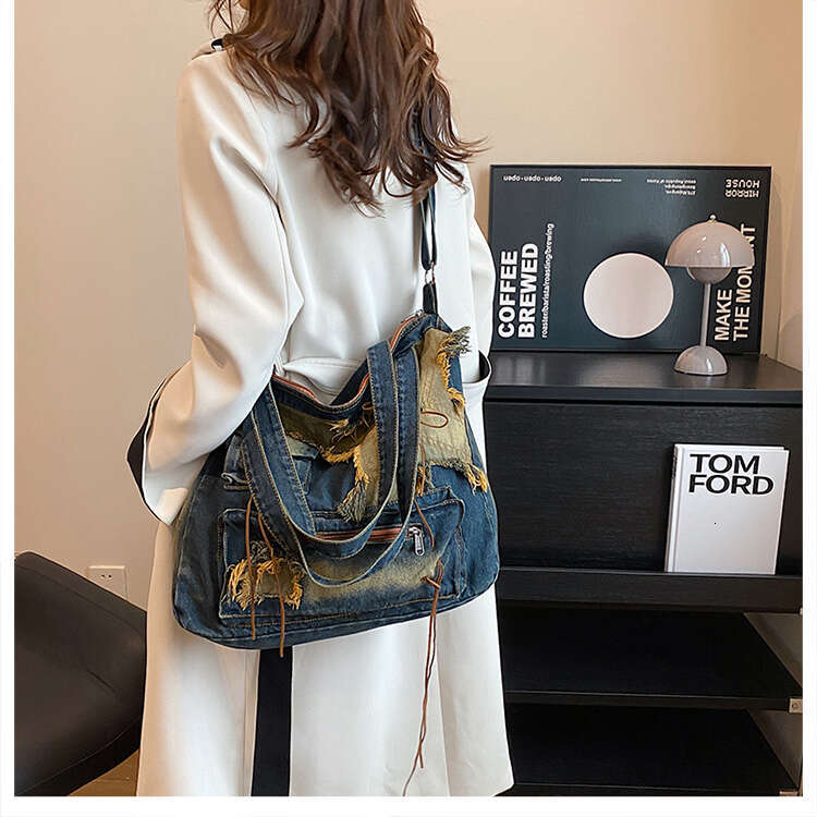 Denim Y2k Womens Shoulder Vintage Washed Distressed Fashion female Messenger Bag Large Capacity ladies Handbag Sac totes