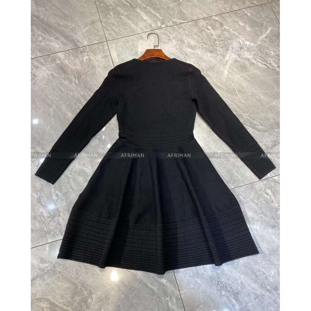 Women Hollow Out Waist V Neck Long Sleeve Ball Gown Knitted Mini Dress