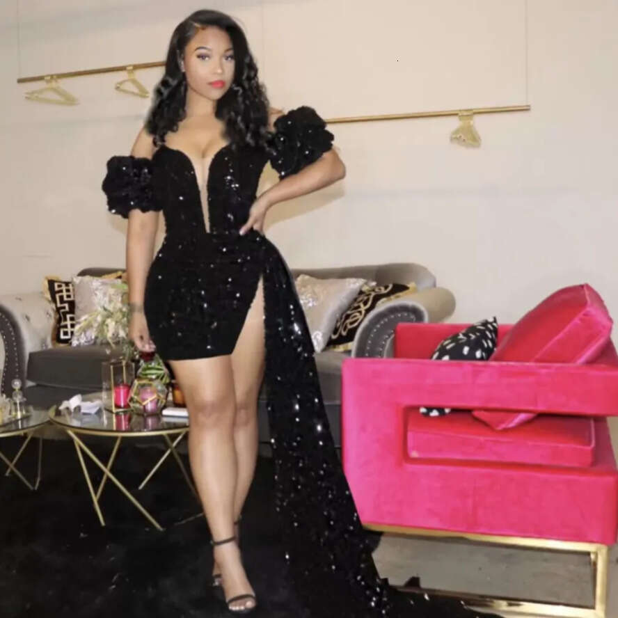 2022 New Year Sparkg Black Prom Dresses Backless Evening Gown Pageant Women Sexy Short Party Wear Long Trail High Split Abiye Dubai Gowns With Bury Se