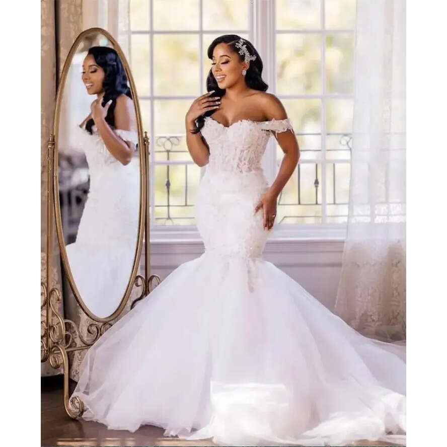 African Elegant Mermaid Wedding Dresses For Bride 2024 Off Shoulder Lace Up Closure Sweep Train Beaded Bridal Gowns Best Selg 0509