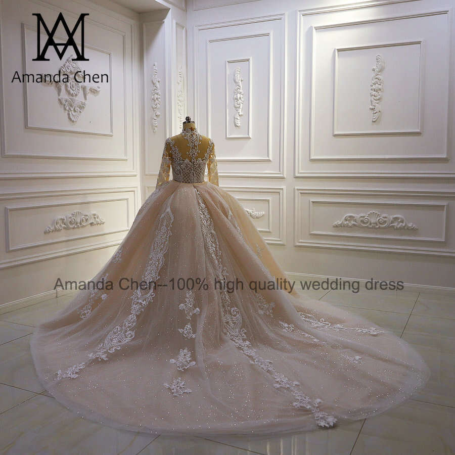 robe de mariee 2024 Long Sleeve Lace Appliqued Champagne Detachable Skirt Wedding Dress