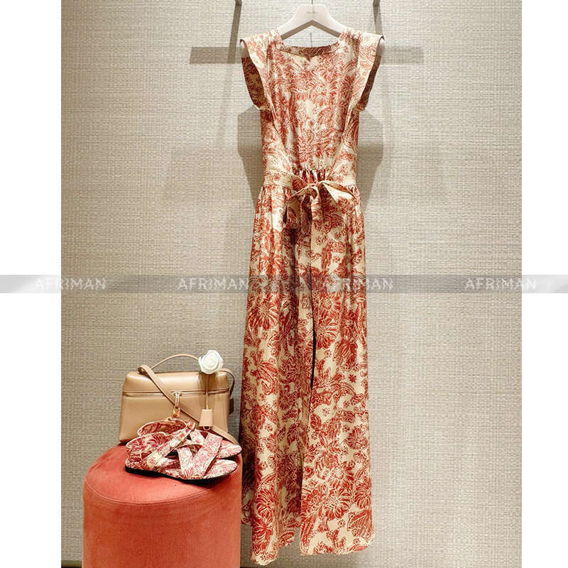 Women Vacation Style Ink Painting Orange Fragmented Wer Long Silk Dress With Belt