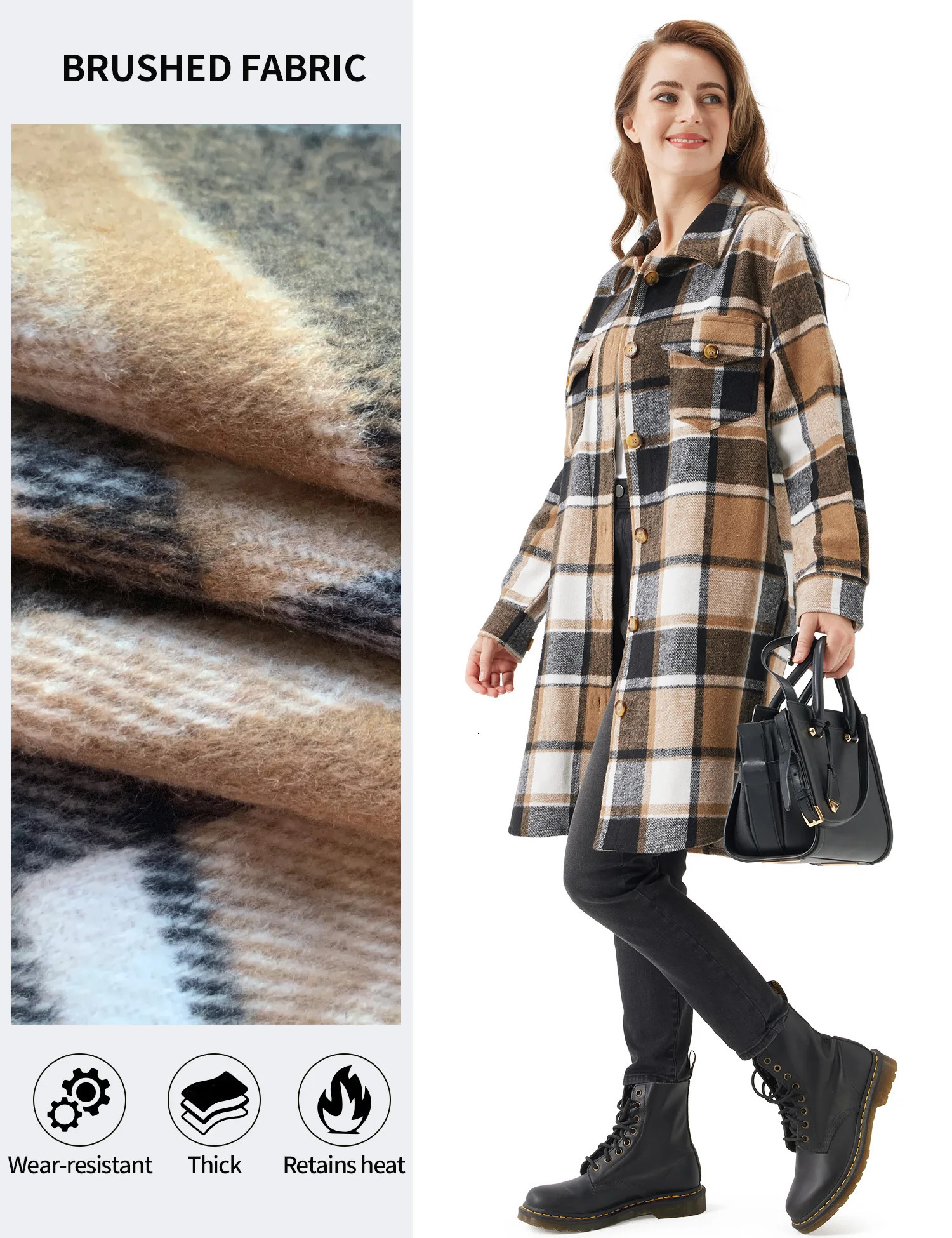 UR Womens Oversized Plaid Shacket Cozy Long Sleeve Button Down Jacket with Pockets Knee LengthPlus SizeCropped 241024