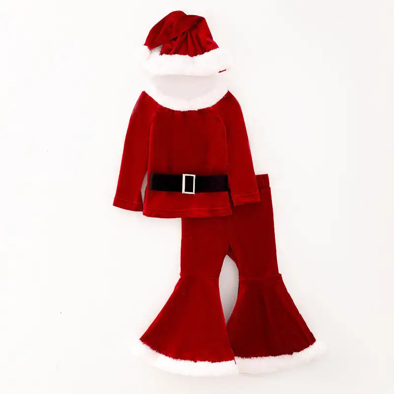 Girlymax 4Pcs Girls Christmas Clothes Set Kids Red Long Sleeve Velvet Top Flare Pant Hat Xmas Santa Suit 241028