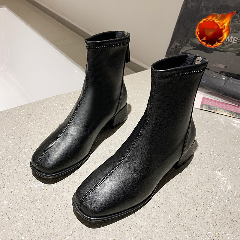 Soc Elastic Fashion New Ankle High Thic Heel Square Toe Short Boots Women Retro 2024 New Ladies Shoes