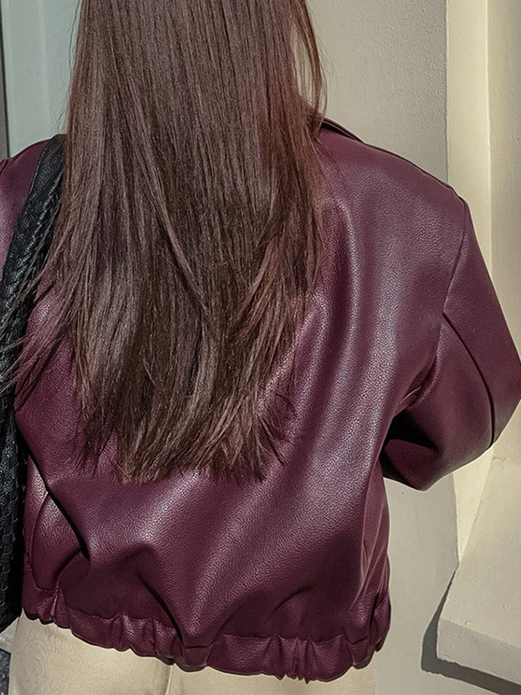 Street Leather Women' Jacket Wine Red Turn Down Long Sleeve Pu Female Coats 2024 Vintage Pocket Zipper Motorcycle Lady Outwears