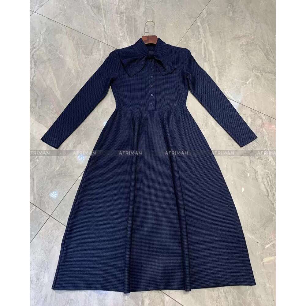 Women Ribbon Bow Collar Long Sleeve Houndstooth Large Swing Knitted Dress
