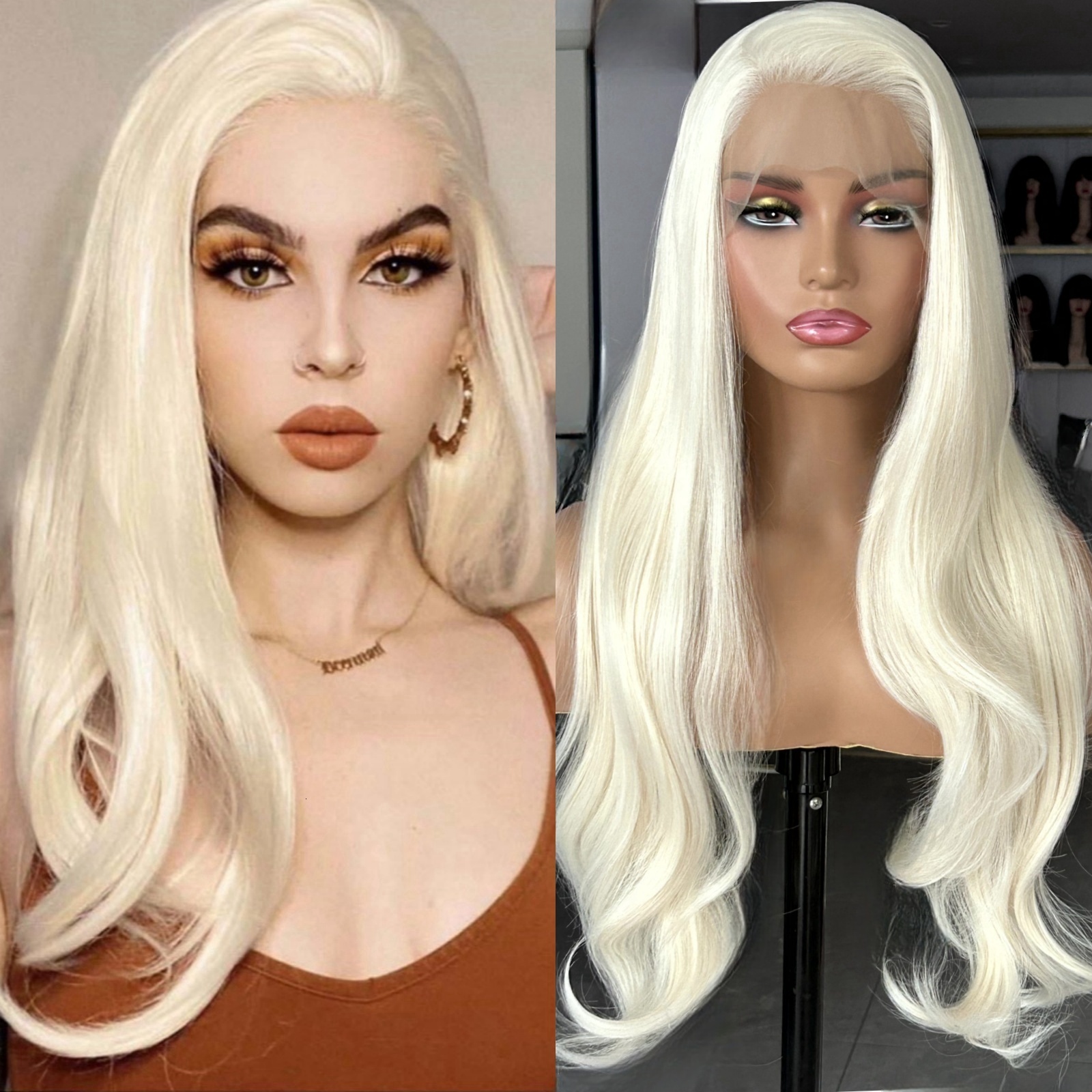 Platinum Blonde Natural Wavy Synthetic Lace Front Wig Long Straight White Colored Hair 13X4 Frontal Wigs for Women Party