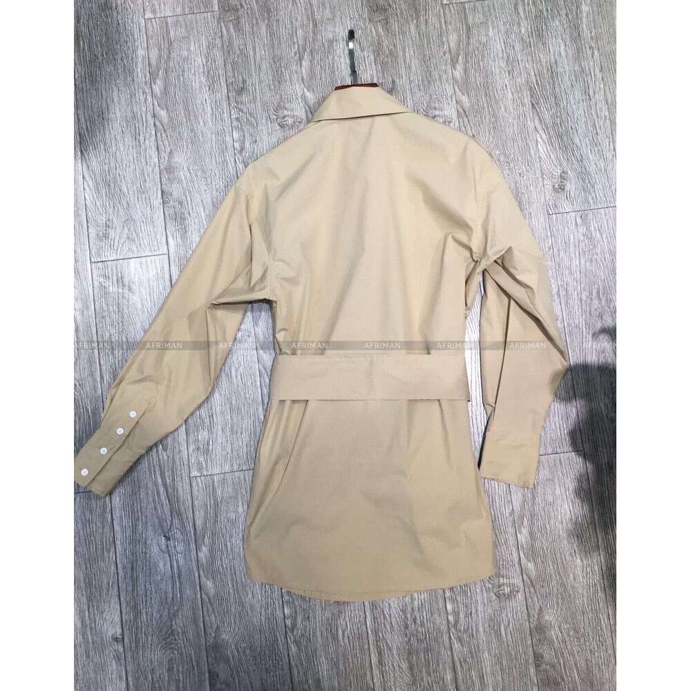 2024 Autumn New Polo Collar Long Sleeve Single Breasted Lace Up Waist Canvas Shirt Dress