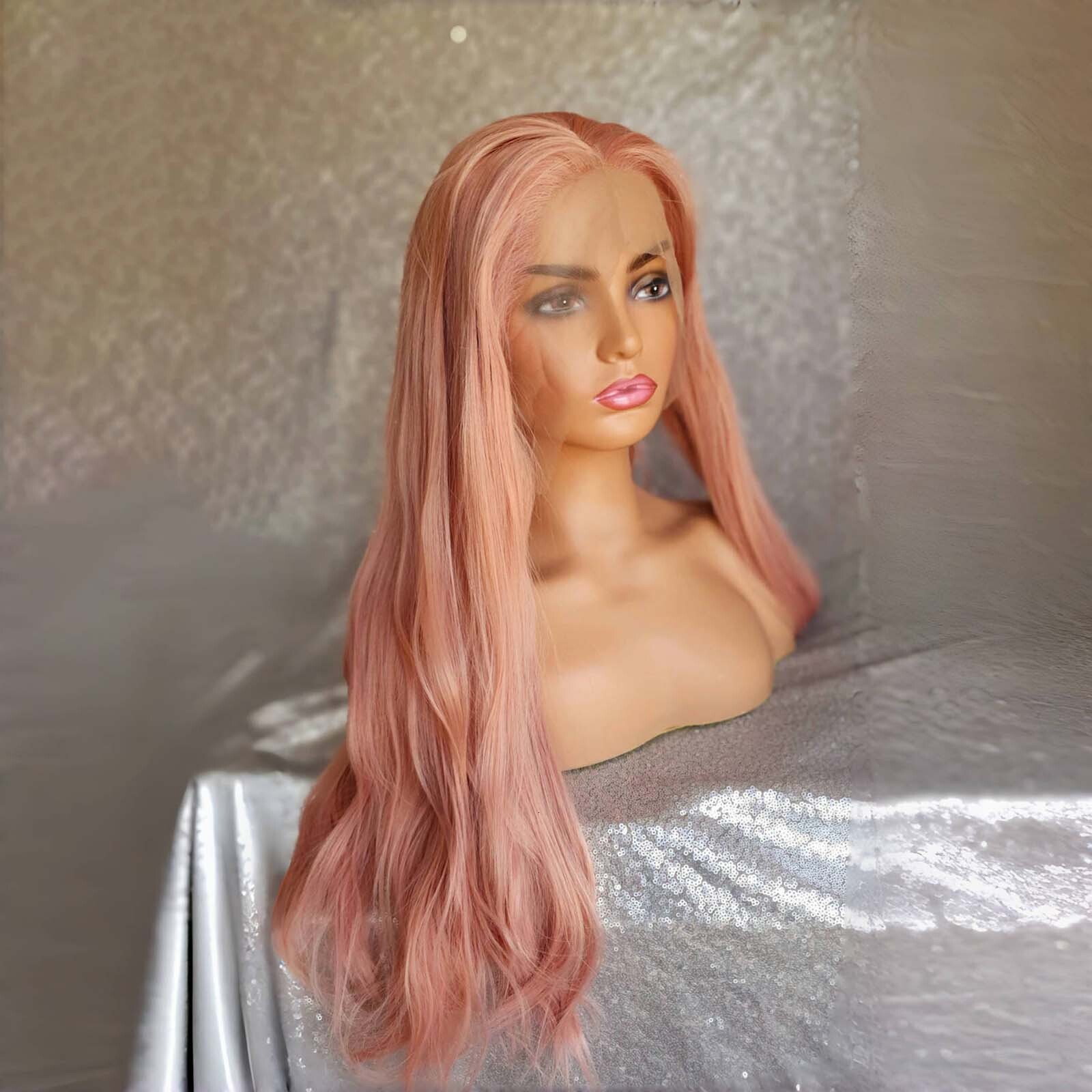 Light Natural Wavy Synthetic Wig Long Pink Hair Colored Frontal 13X4 Lace Front Wigs for Women Party Cosplay