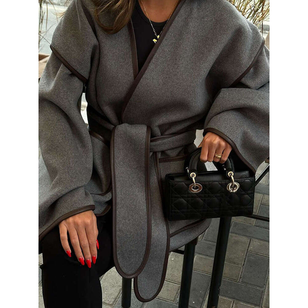 Lace Up Patchwork Women Coat V-Neck Loose Long Sleeve Pocket Female Jacket 2024 Elegant Autumn Winter New Office Lady Outwears