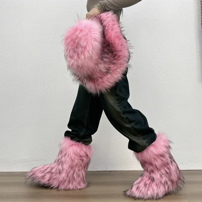 Womens Winter Fluffy Faux Fox Fur Boots Woman Plush Warm Snow Boots Footwear Girls Furry Fur Bottes Fashion Winter Shoe 241028